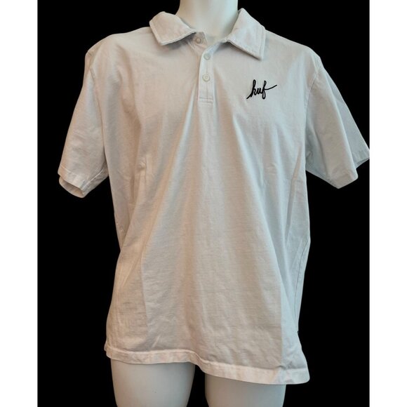 HUF Mens Large Solid White Polo Shirt Black Huf Embroidered Logo - Picture 1 of 6